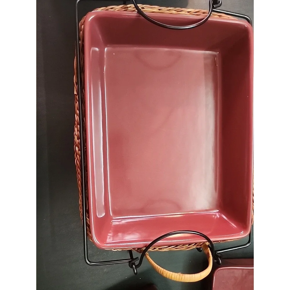 New Temptations RED Stone Casserole Bakeware Dish Set w/Handled Baskets